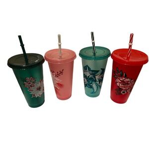 Set Of 4 Starbucks Holiday Poinsettia Tumblers With Lids And Straws‎